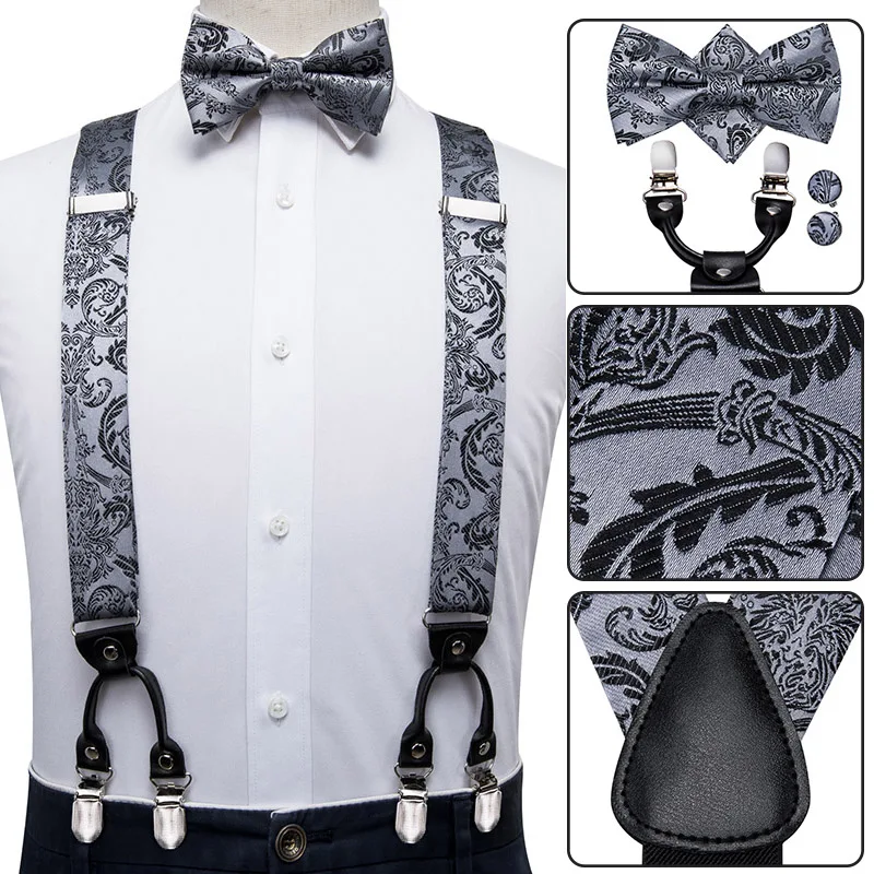 Top Trends: Hi-Tie Vintage Silk Men&#039;s Suspender Set Fashion Gold Floral Suspender And Bow Tie Set Leather Metal 6 Clips Suspender Braces Shoppable Styles