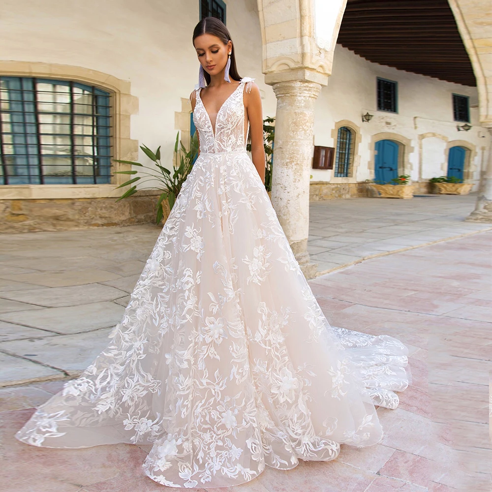 Top Trends: Gorgeous A-line Tulle Appliques Lace Wedding Dress For Bride With V-neck Tassel Sleeveless Bridal Gowns Sweep Train Shoppable Styles