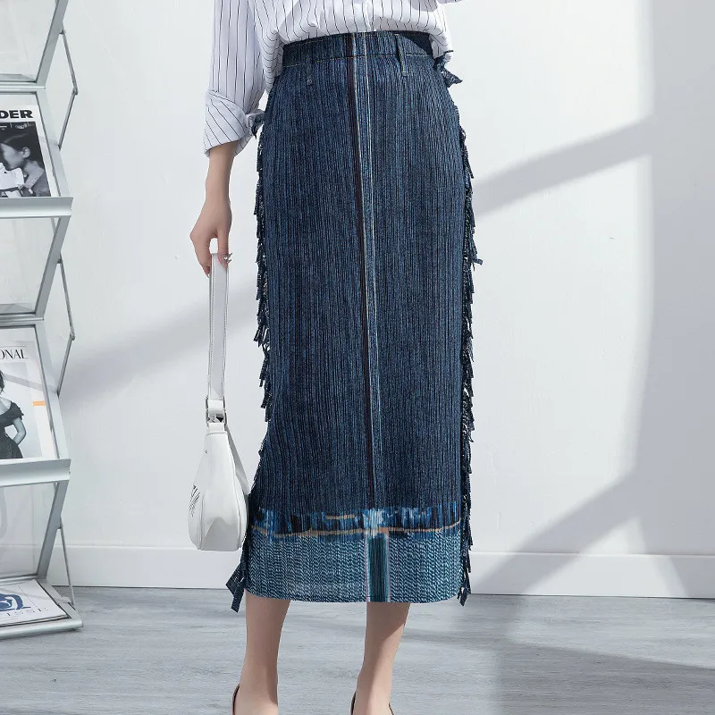 Top Trends: Miyake Pleated Hip Skirt New Women&#039;s 2022 Spring Fashion Large Size Casual Stretch Drape Imitation Denim Pleated Skirt Shoppable Styles