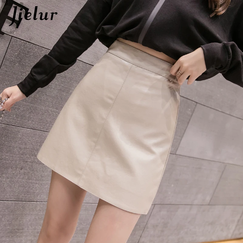 Top Trends: Jielur Leather Skirt Autumn Winter New Korean High Waist Mini Skirt Female 4 Colors Chic Black Sexy Saia A-line PU Skirts Women Shoppable Styles