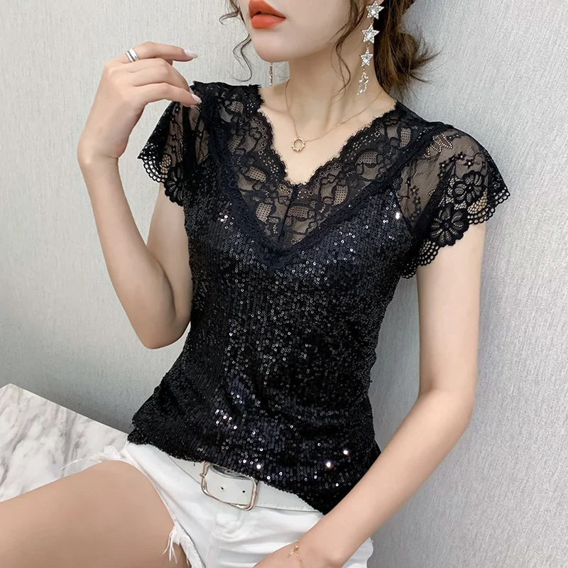 Top Trends: #7105 Black White Sequin T Shirt Women V Neck Spliced Lace Sexy Skinny T Shirt Female Hollow Out Short Sleeved Women's T-shirt Shoppable Styles