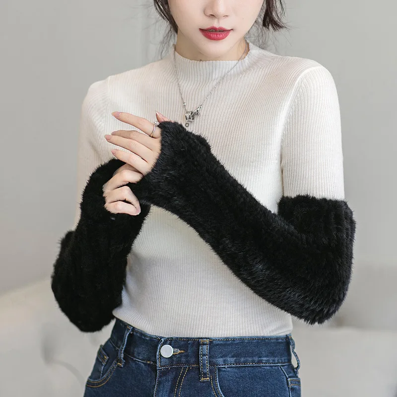 Top Trends: Natural Genuine Mink Fur Long Hepburn Style Gloves Arm Warmers Hand Knitted High Elastic Half Finger Women Sleeve Autumn Winter Shoppable Styles