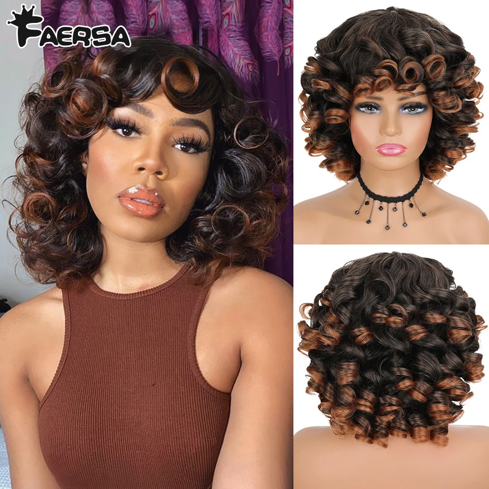 Top Trends: Short Hair Afro Kinky Curly Wigs With Bangs For Black Women Fluffy Synthetic African Ombre Glueless Cosplay Natural Brown Wigs Shoppable Styles