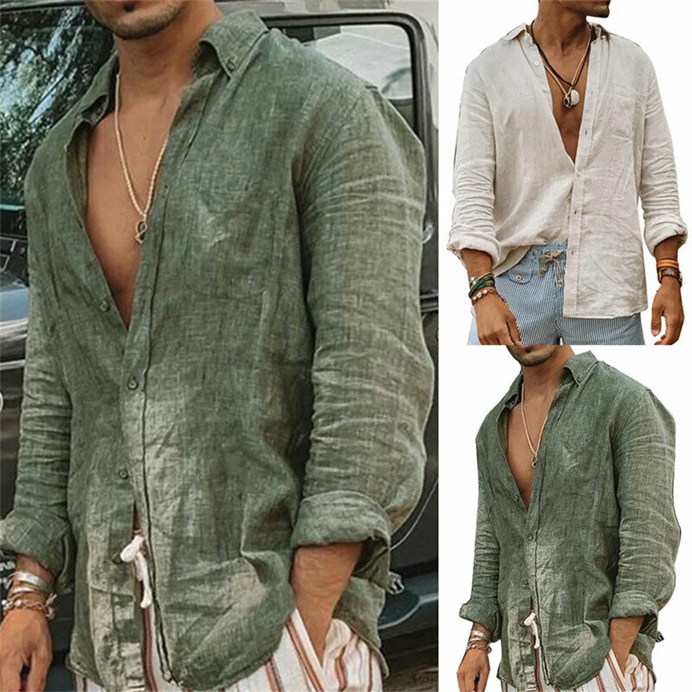 Top Trends: 2024 Men Casual Cotton Linen ShirtsStanding Collar Male Solid Color Long Sleeves Loose Tops Spring Autumn Handsome Men's Shirts Shoppable Styles