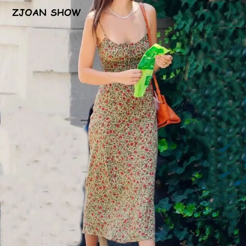 Top Trends: 2021 Bohemian Brown Floral Print Backless Sling Dress Summer Holiday Woman Adjust Spaghetti Strap Dresses Beach Holiday Vestidos Shoppable Styles