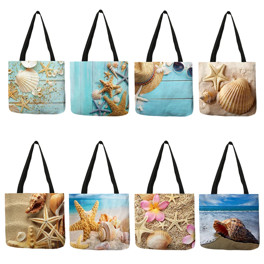 Top Trends: Ladies Shoulder Bag Blue Ocean Starfish Beach Sand Prints Tote Shopping Bag Linen Fabric Beautiful Casual Practical Handbag Shoppable Styles