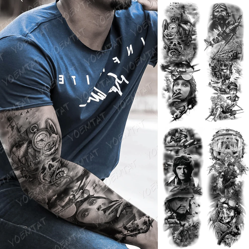 Top Trends: Large Arm Sleeve Tattoo Airplane Soldier Pilot Waterproof Temporary Tatto Sticker Sailing Compass Body Art Full Fake Tatoo Women Shoppable Styles