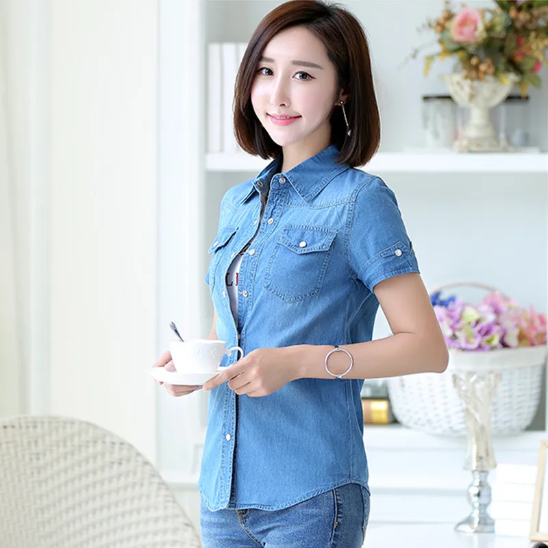 Top Trends: S-3XL Women Denim Shirt Summer New Fashion Casual Short-sleeve Buttons Slim Thin Tops Blouse Girl Student Cotton Shirts Female Shoppable Styles