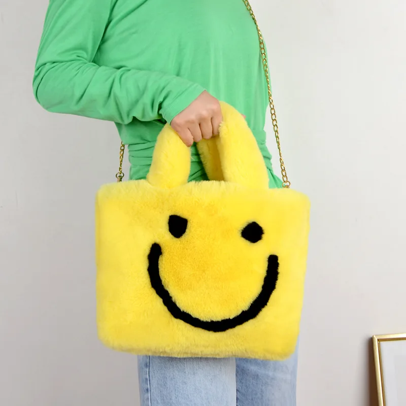 Top Trends: Cute Smiley Face Women Plush Shoulder Bag Soft Faux Fur Ladies Chain Messenger Bags Fashion Female Small Purse Handbags Shoppable Styles