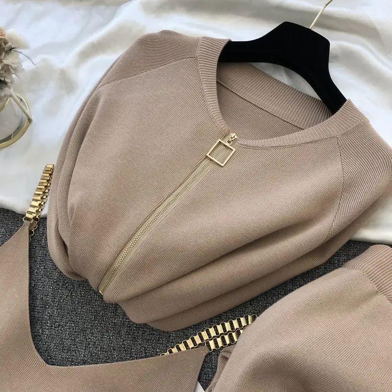 Top Trends: 2023 New Woman Autumn Winter Knitted Zipper Cardigans + Camisole + Pants 3pcs Fashion Suit Women Tracksuit Clothes Set Shoppable Styles