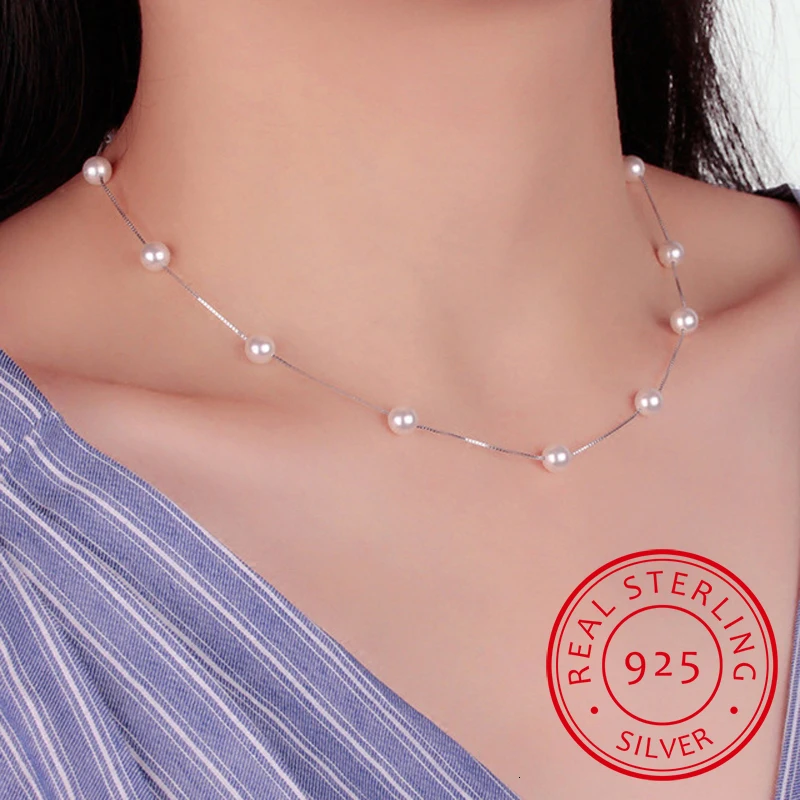 Top Trends: 925 Sterling Silver Jewelry 12 Pcs 6mm Pearl Box Chain Choker Necklace Kolye Collares Bijoux Femme S-n54 Shoppable Styles