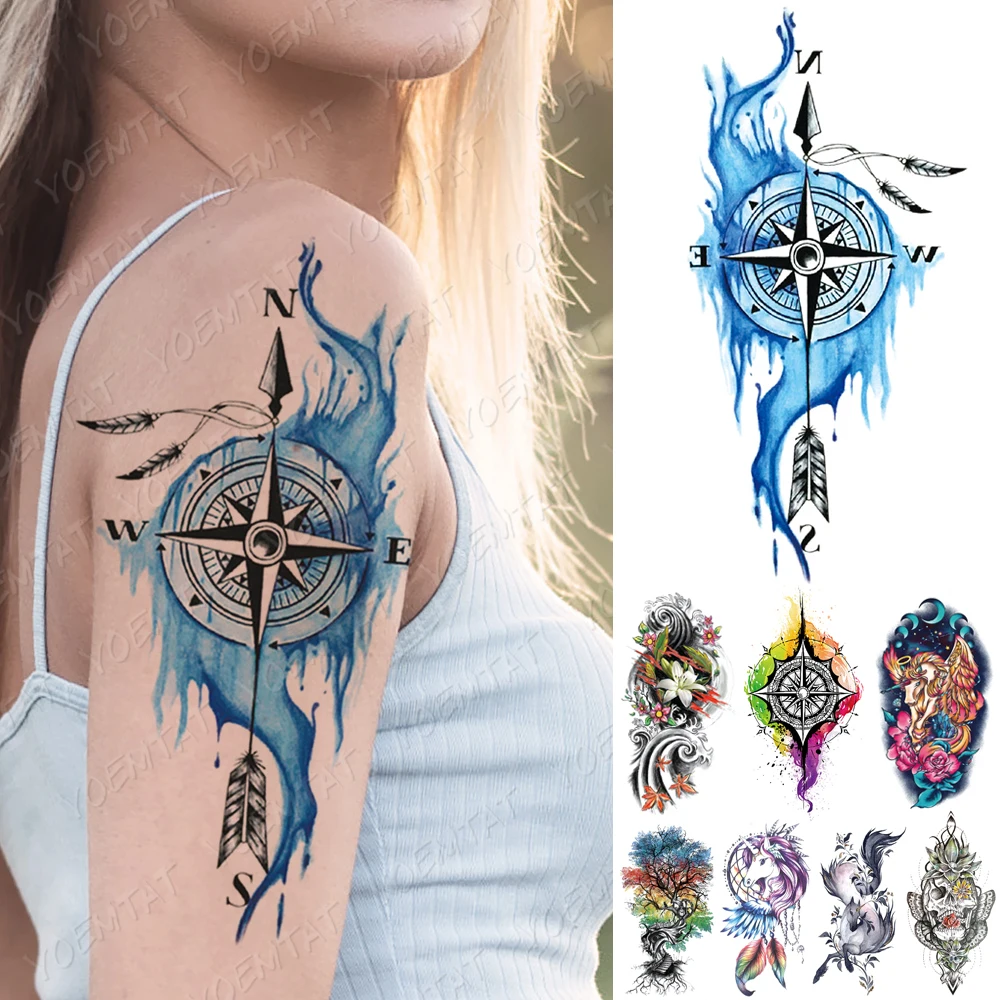 Top Trends: Waterproof Temporary Tattoo Sticker Blue Compass Arrow Unicorn Tattoos Tree Lily Body Art Arm Fake Sleeve Tatoo Women Men Shoppable Styles