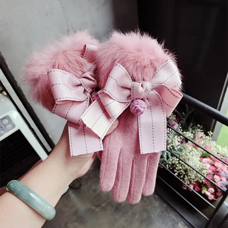 Top Trends: Cashmere Gloves Wool Piece Jump Point Bowknot Hair Ball Fashion Gloves New Korean Touch Screen Five-Finger Warm Gloves Shoppable Styles