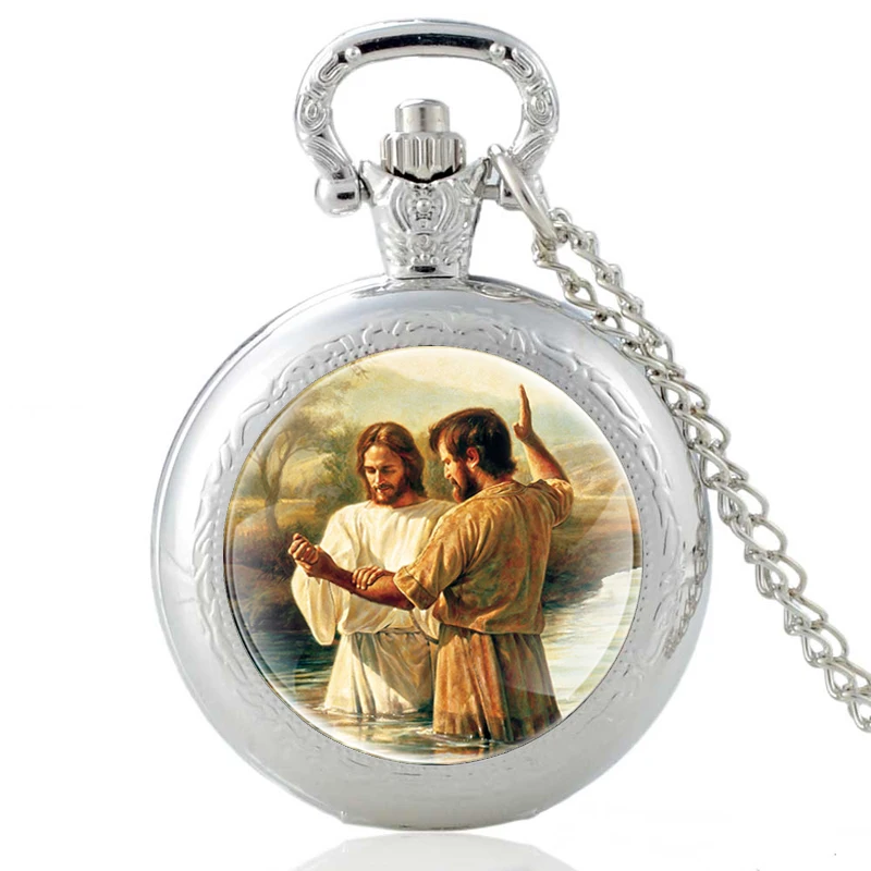 Top Trends: Classic Jesus Christ Was Baptized Design Silver Classic Quartz Pocket Watch FOB Pendant Clock Watch Men Women Necklace Gifts Shoppable Styles