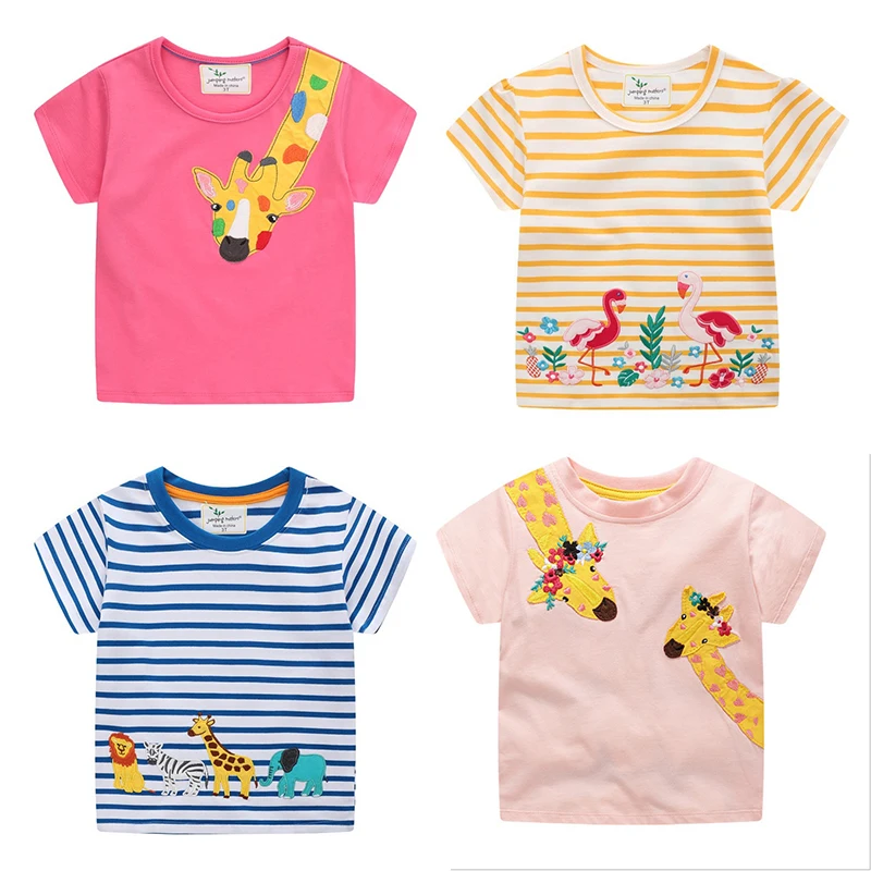 Top Trends: Jumping Meters Animals Embroidery Girls Tees Cotton Summer Children&#039;s Tshirts Fashion Kids Tops Short Sleeve Clothes Toddler Shoppable Styles