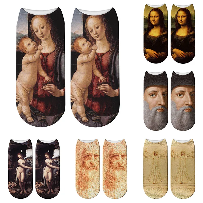 Top Trends: 3D Printed Fashion Casual Retro Oil Painting Character Portrait Socks Leonardo Da Vinci Mona Lisa Art Women Happy Cotton Socks Shoppable Styles