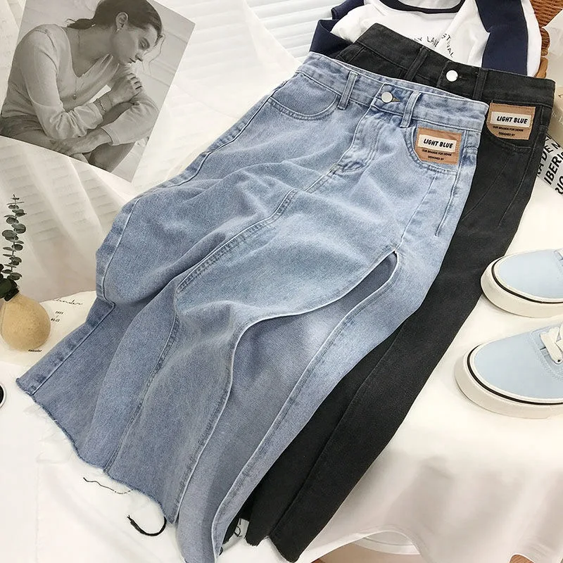 Top Trends: Fashion Women Denim Skirts 2023 Summer New High Waist Side Slit Jean Mid-Calf Skirt Female Solid Color Casual A-Line Bottoms Shoppable Styles