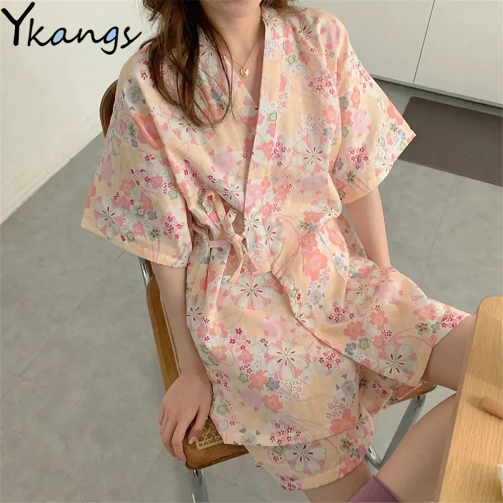 Top Trends: Japanese Kimono Women Girl Kawaii Room Wear Summer 2021 Pajamas Floral Print Loose Casual Shorts Pijamas Two Piece Set Nightwear Shoppable Styles