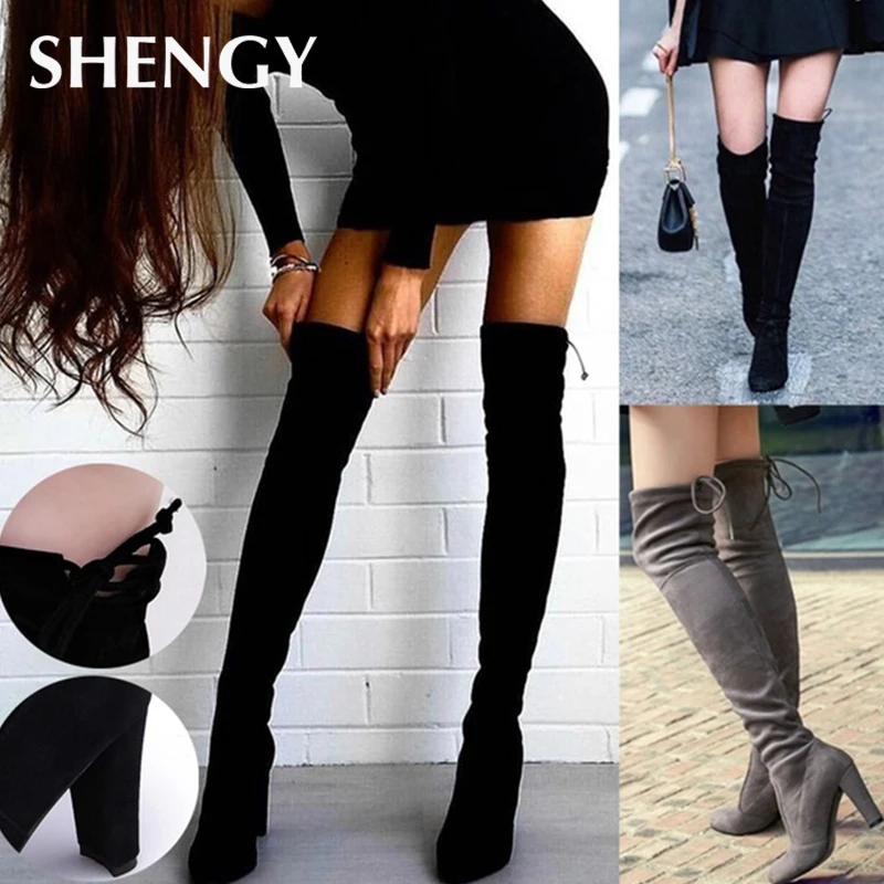 Top Trends: Women Long Boots Sexy High Heels Suede Lace Up Over The Knee Boots Autumn Winter Warm Shoes Female Slim Thigh High Boots Party Shoppable Styles