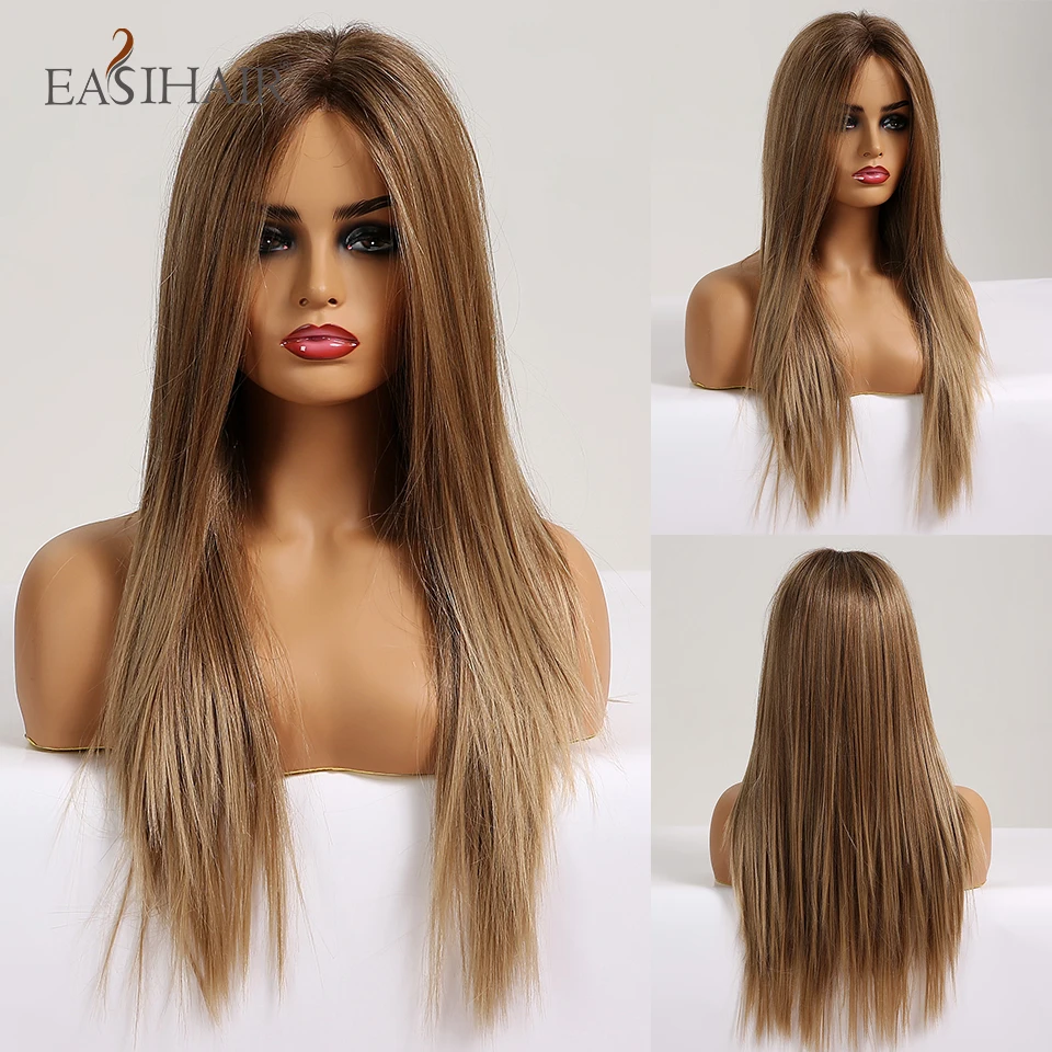 Top Trends: EASIHAIR Long Silky Straight Brown Blonde T Part Lace Wigs With Baby Hair High Density Heat Resistant Synthetic Wigs For Women Shoppable Styles