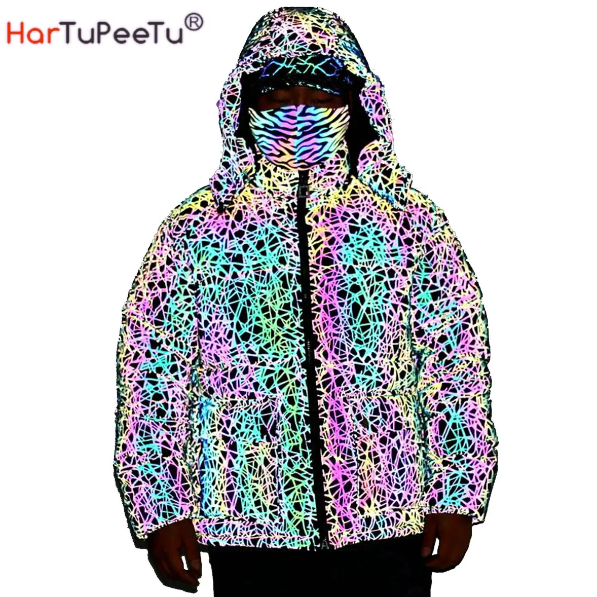 Top Trends: Winter Men Rainbow Reflective Hooded Parkas Down Cotton Jacket Luminous Clothing Street Nightclub Hip Hop Dance Cargo Outcoat Shoppable Styles