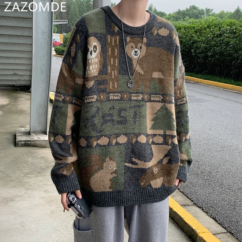 Top Trends: ZAZOMDE Winter Sweaters Men Casual Round Neck Bear Pattern Retro Mens Pullovers Hip Hop Couple Sweater High Street Pullover 2021 Shoppable Styles