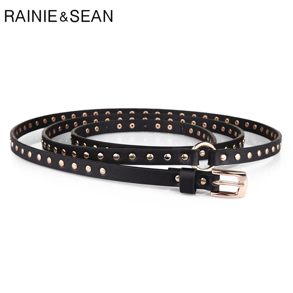 Top Trends: RAINIE SEAN Punk Rock Belts For Women Black Rivet Women Belt Streetwear Thin Extra Long 190cm Ladies Pin Buckle Leather Belt Shoppable Styles