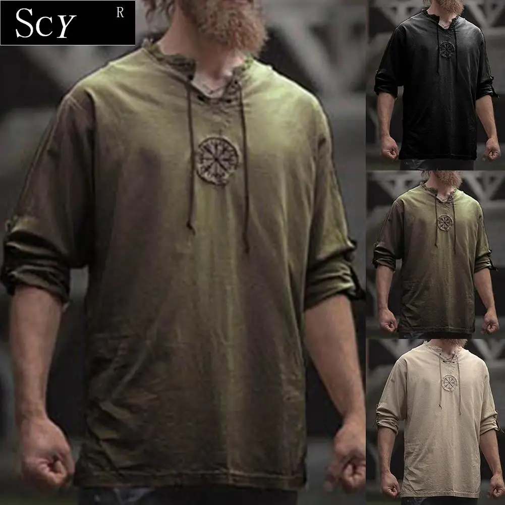 Top Trends: Men Plus Size Shirt Top Ancient Viking Embroidery Lace Up V Neck Long Sleeve Shirt Top For Men&#039;s Clothing Shoppable Styles