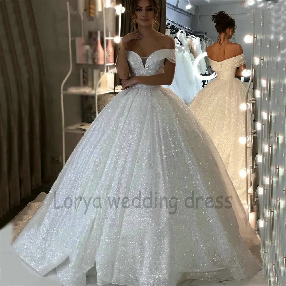 Top Trends: Shiny Princess Wedding Dress Sequins Off Shoulder Boat Neck Lace Up Vestido De Novia Boho A Line Sweep Train Elegant Bride Gown Shoppable Styles