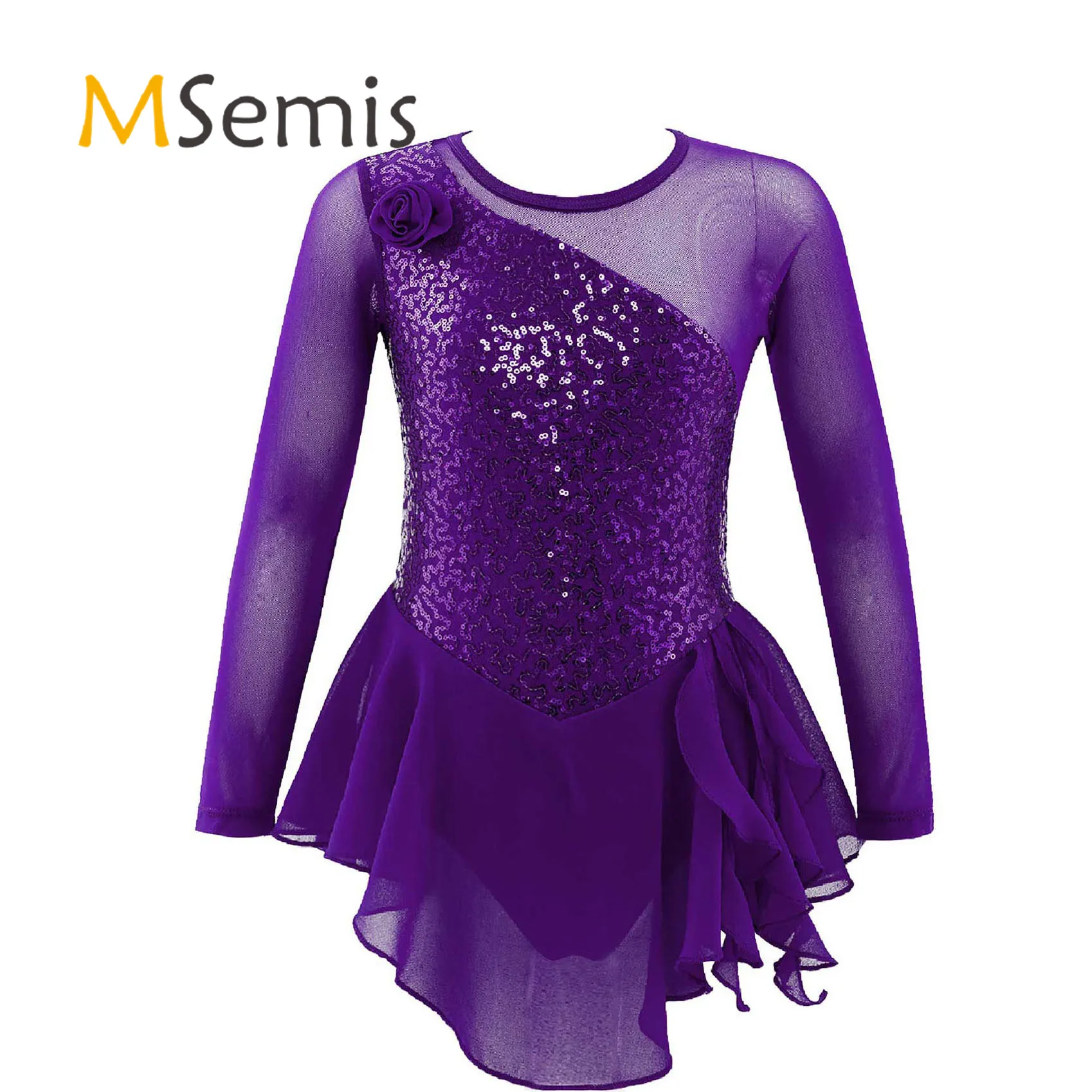 Top Trends: Kids Girls Sequins Decor Flower Front Figure Ice Skating Dress Long Sleeve Round Neckline Hollow Back Ballet Leotard Dance Dress Shoppable Styles