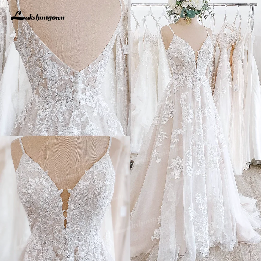 Top Trends: Real Photos Boho Floral Lace Wedding Dress V-Neck Sexy Backless Spaghetti Straps Women Civil Bride Gown 2022 Hochzeitskleid Shoppable Styles