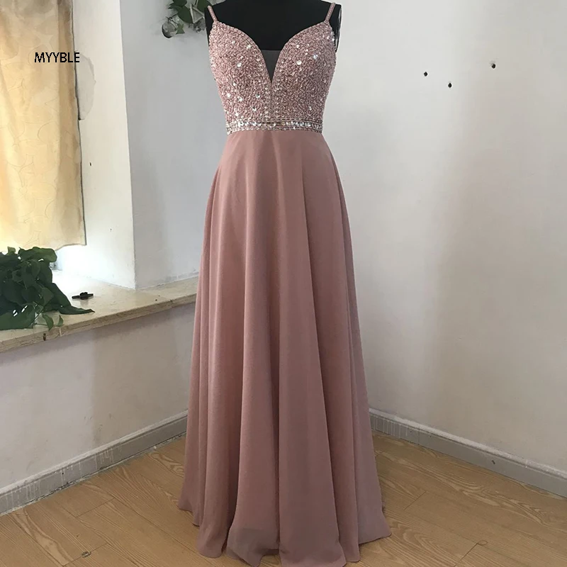 Top Trends: MYYBLE Sexy Backless Evening Dress Long 2020V Neck Beaded Chiffon Women Formal Party Gown Prom Dress Robe De Soiree Sparkly Shoppable Styles