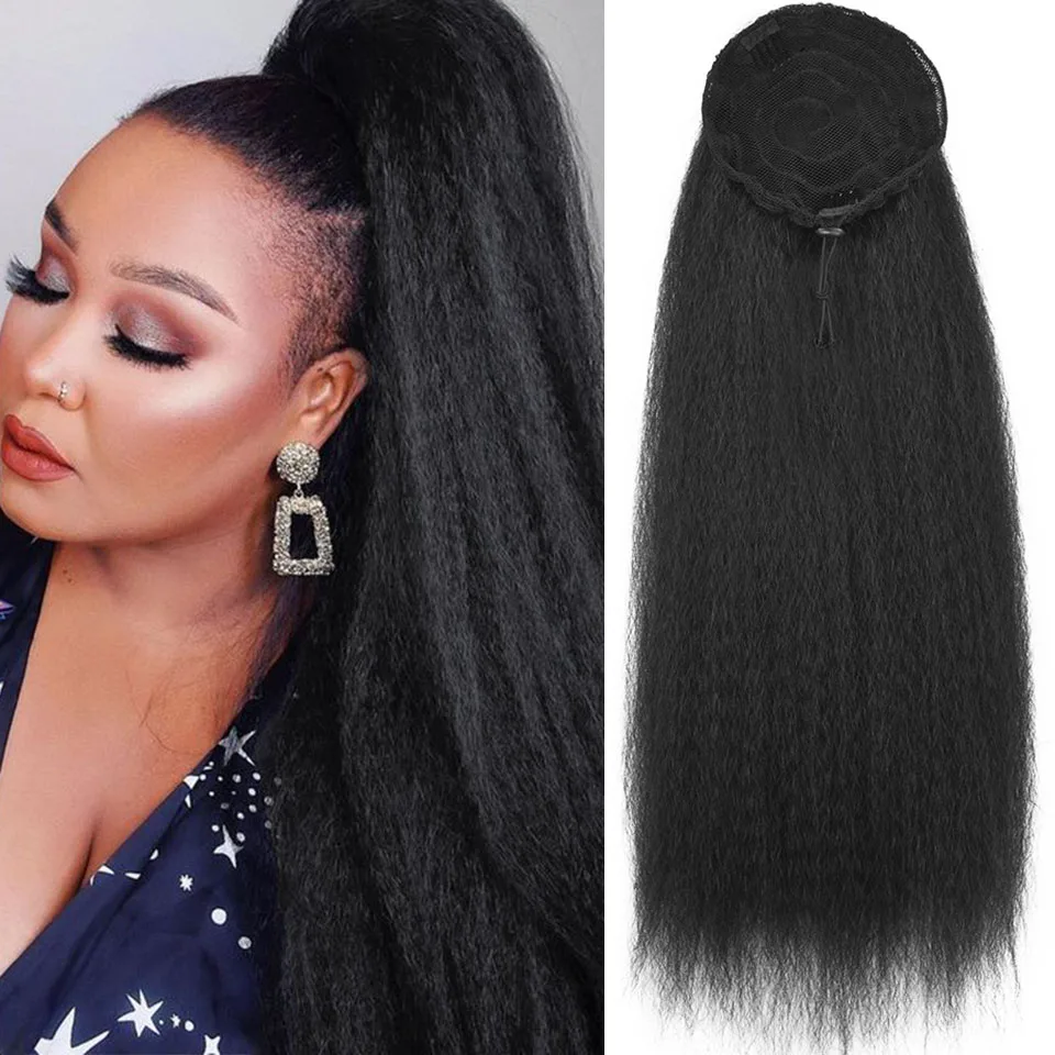 Top Trends: MyDiva Afro Long Straight Puff Ponytail Hair Extension Natural Synthetic Perm Yaki Hairpiece Drawstring Ponytails Elastic Band Shoppable Styles