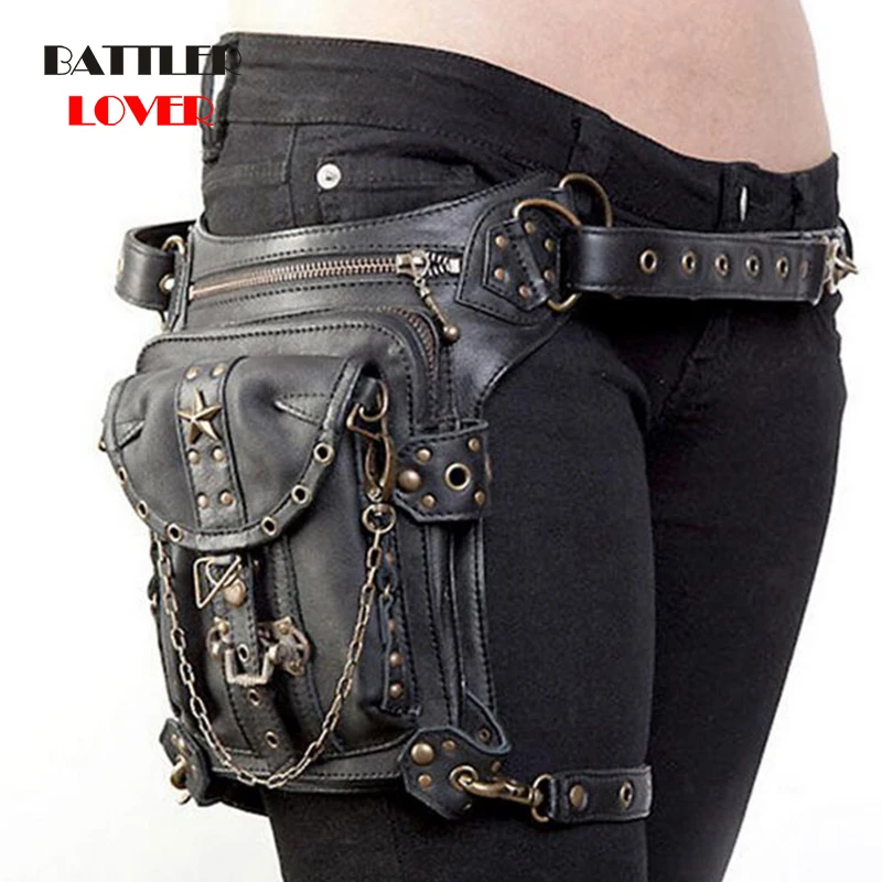 Top Trends: Lady Pockets Retro Messenger Bags Punk Vintage Steampunk Crossbody Women Shoulder Waistbag Men Hombre Skull Rivet Travel Leg Bag Shoppable Styles