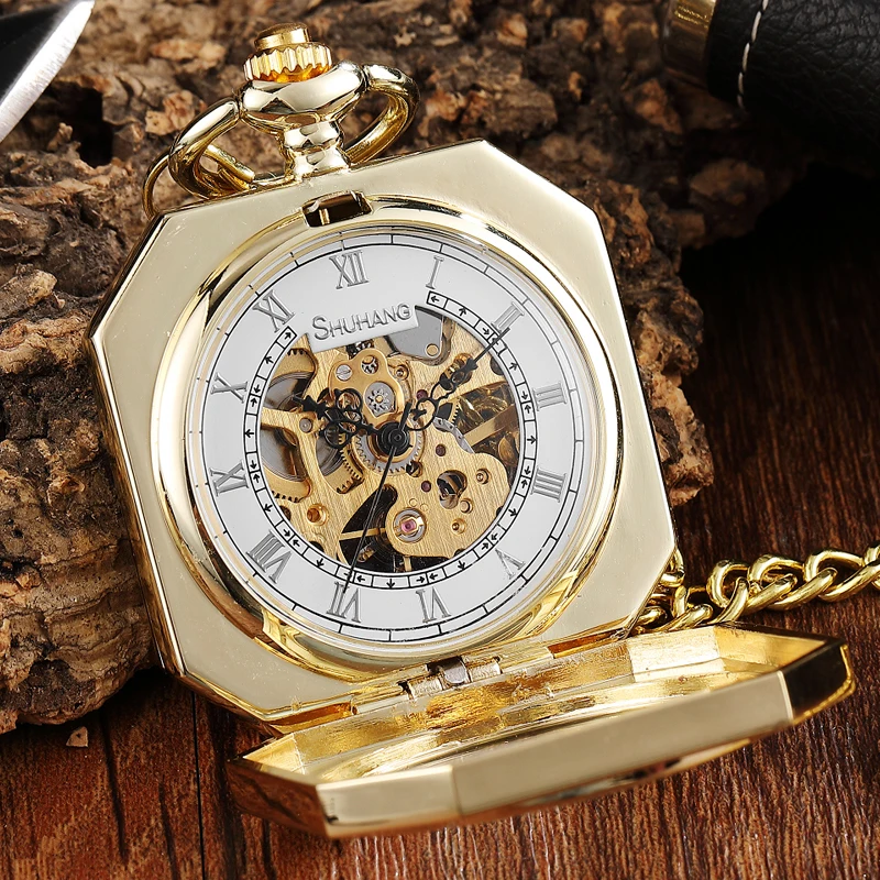 Top Trends: Luxury Gold Polygon Design Mechanical Pocket Watch With FOB Chain Skeleton Steampunk Hand Wind Mechanical Mens Watch With Chain Shoppable Styles