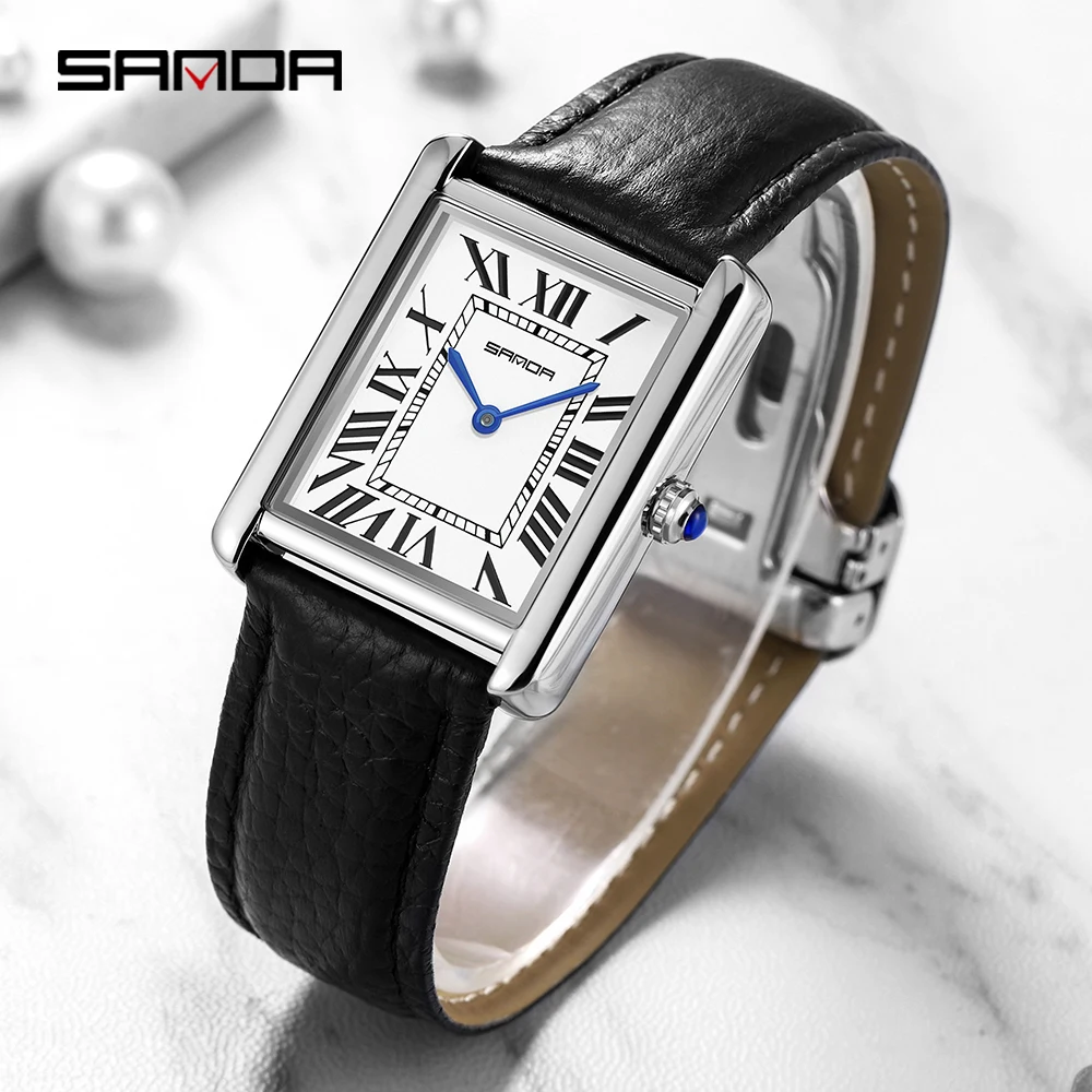 Top Trends: Sanda Rectangular Wrist Watches For Women Silver Case Ladies Watches Luxury Brand Leather Band Quartz Clock Zegarek Damski 1108 Shoppable Styles