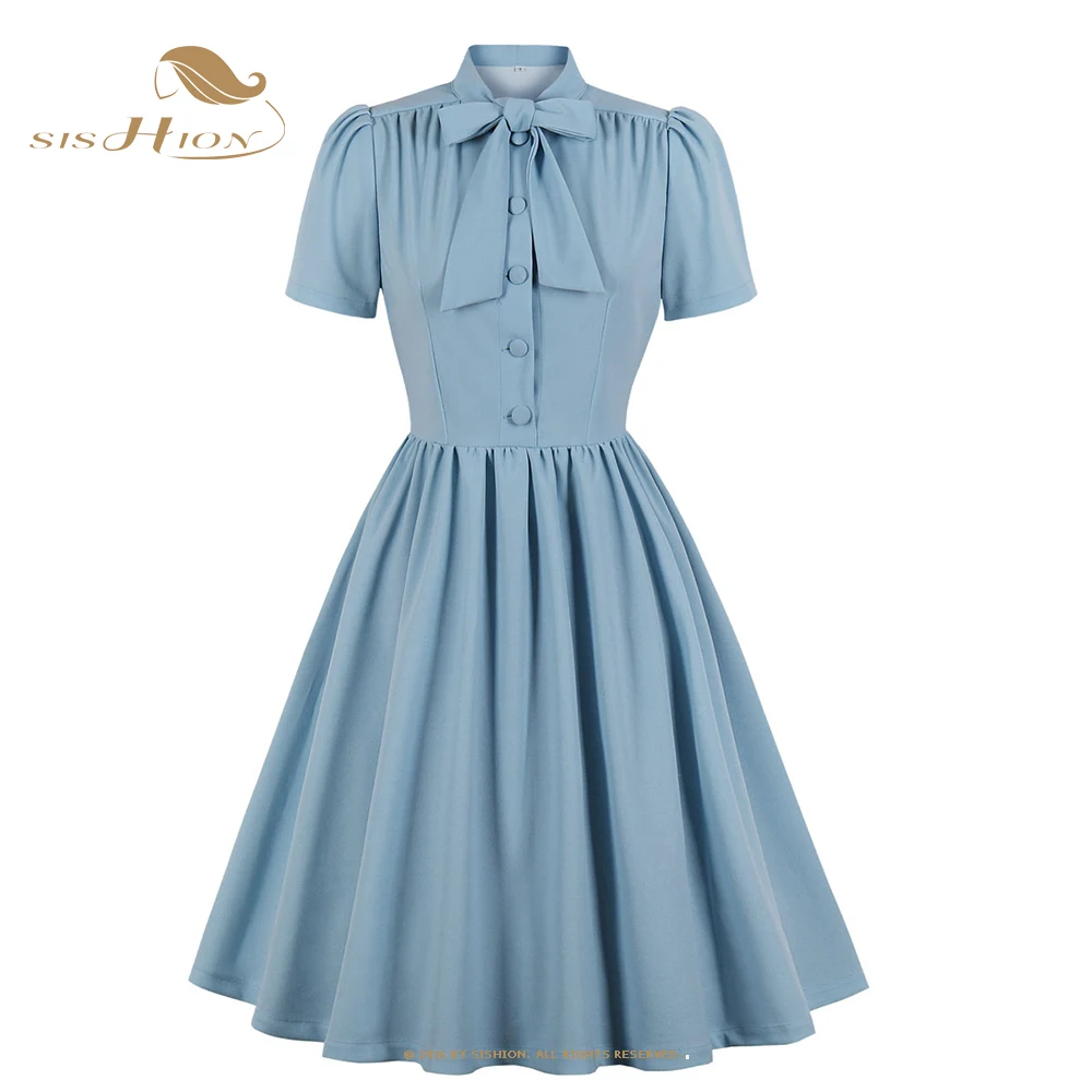 Top Trends: 2023 Blue Pleated Dress Vintage Style Bow Tie Neck Button Up Elegant Women Summer Belted Pinup 60s 50s Rockabilly Dresses SD0081 Shoppable Styles