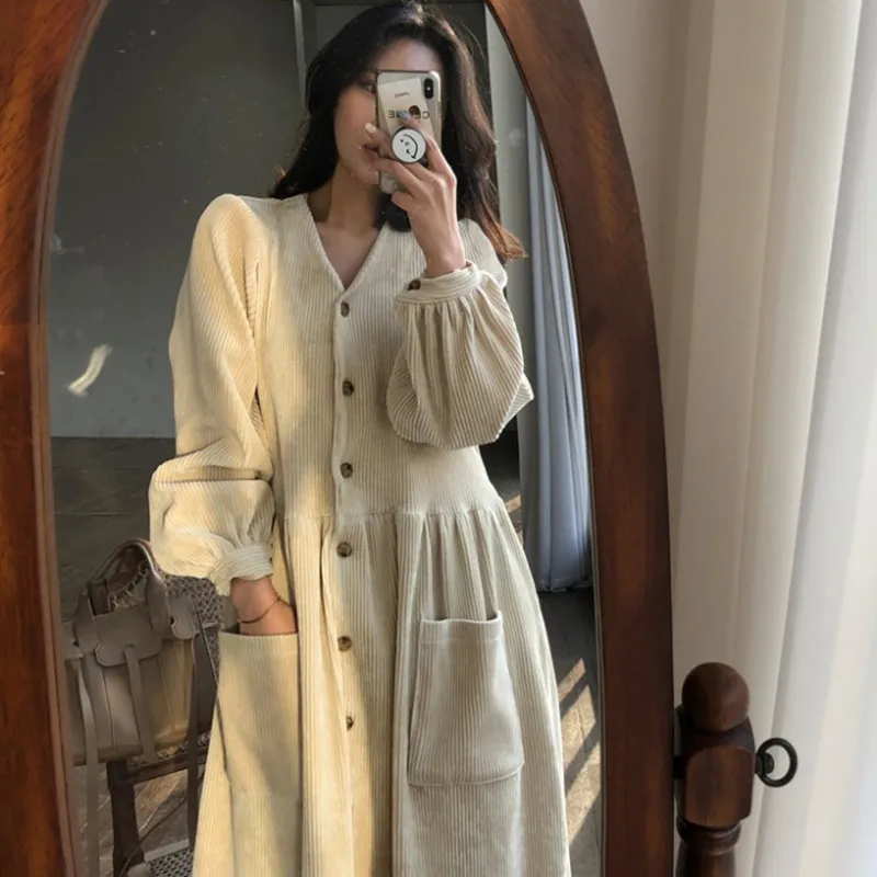 Top Trends: Women Autumn Winter Vintage Long Dress Elegant Full Sleeve Single Breasted Tunic Casual Corduroy Dress With Pocket Vestidos Shoppable Styles