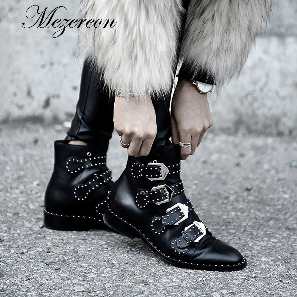 Top Trends: Women Ankle Boots Real Leather Rivets Buckle Punk Boots Woman Studded Gothic Designer Shoes Ladies Botas Mujer Plus Size 44 Shoppable Styles