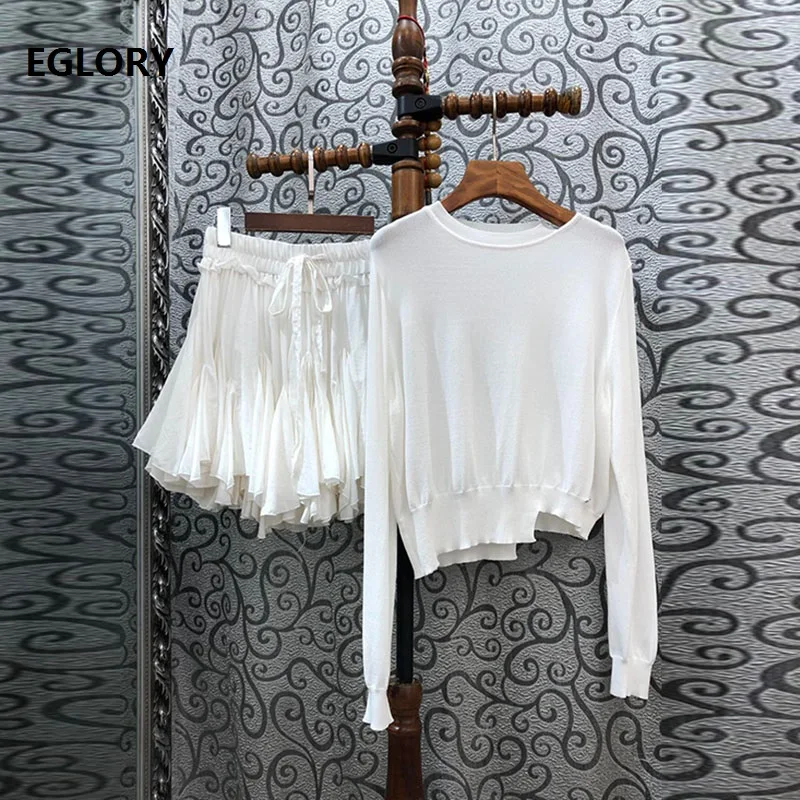 Top Trends: High Quality Sweater Suits 2022 Spring 2 Piece Knitted Set Women Long Sleeve White Tops+ Pleated Mini Skirt Sets Suits Casual Shoppable Styles