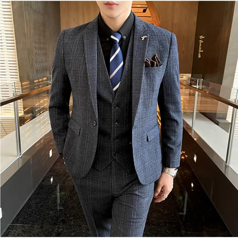 Top Trends: 3 Piece Men Groom Wedding Dress Plaid Formal Suits Set High Quality Men Fashion Casual Business Suit Three-piece Tuxedo S-7XL Shoppable Styles