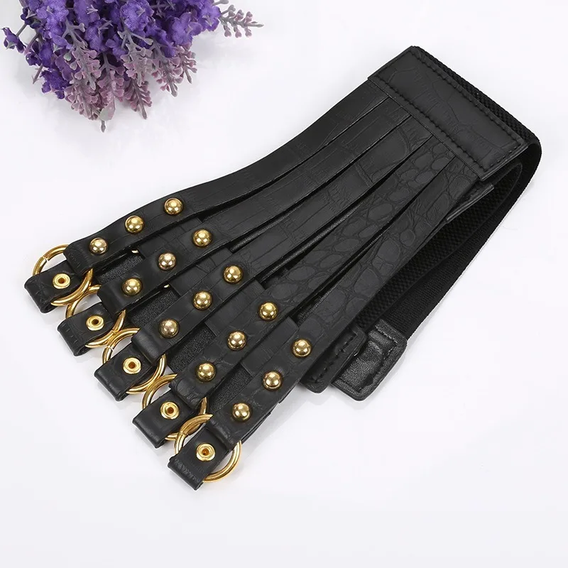 Top Trends: KINHSW Brand Design Vintage Metal Ring Belt Gold Ladies Women Belts Female Fashion Rivet Wide Waist Elastic 5 Straps PU Belt Shoppable Styles - Image 4