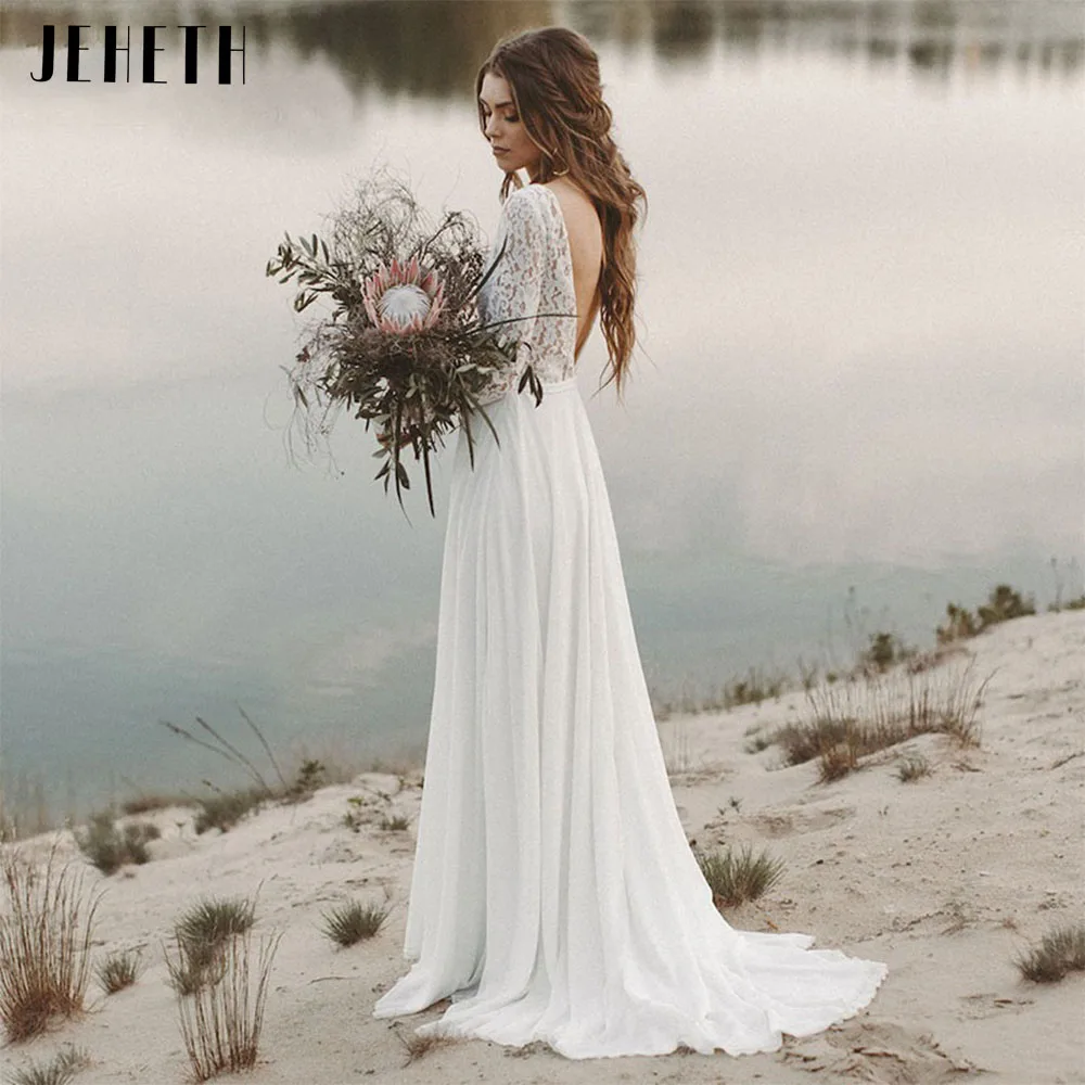 Top Trends: JEHETH Long Sleeves Beach Boho Wedding Dress Women Elegant V Neck Open Back Bohemian Bridal Gown Lace Chiffon Vestidos De Novia Shoppable Styles