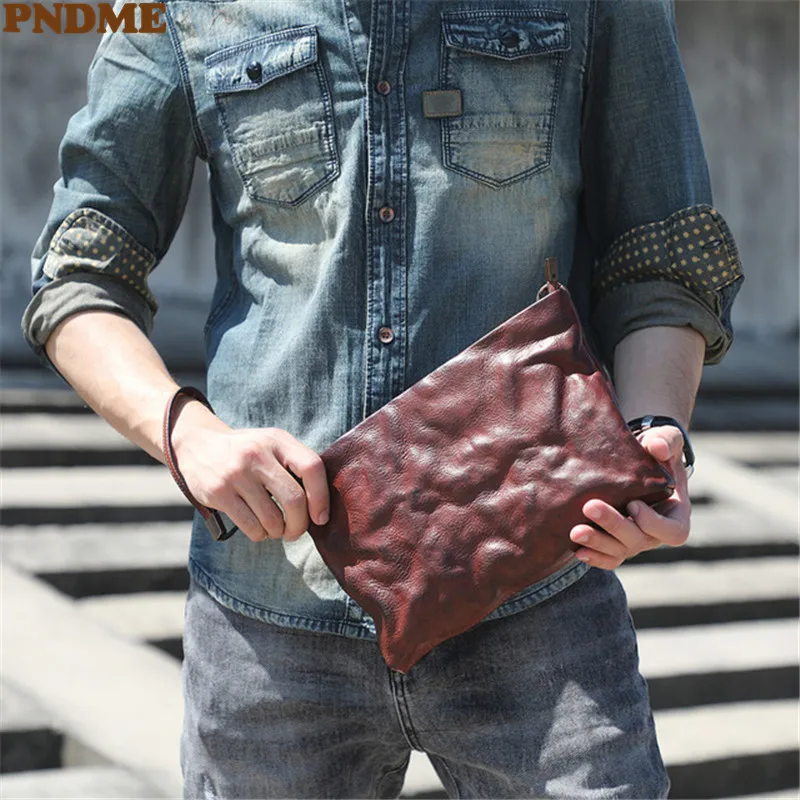 Top Trends: PNDME Fashion Simple Genuine Leather Men's Clutch Bag Vintage Pleated Designer Natural Real Cowhide Multifunctional Phone Wallet Shoppable Styles