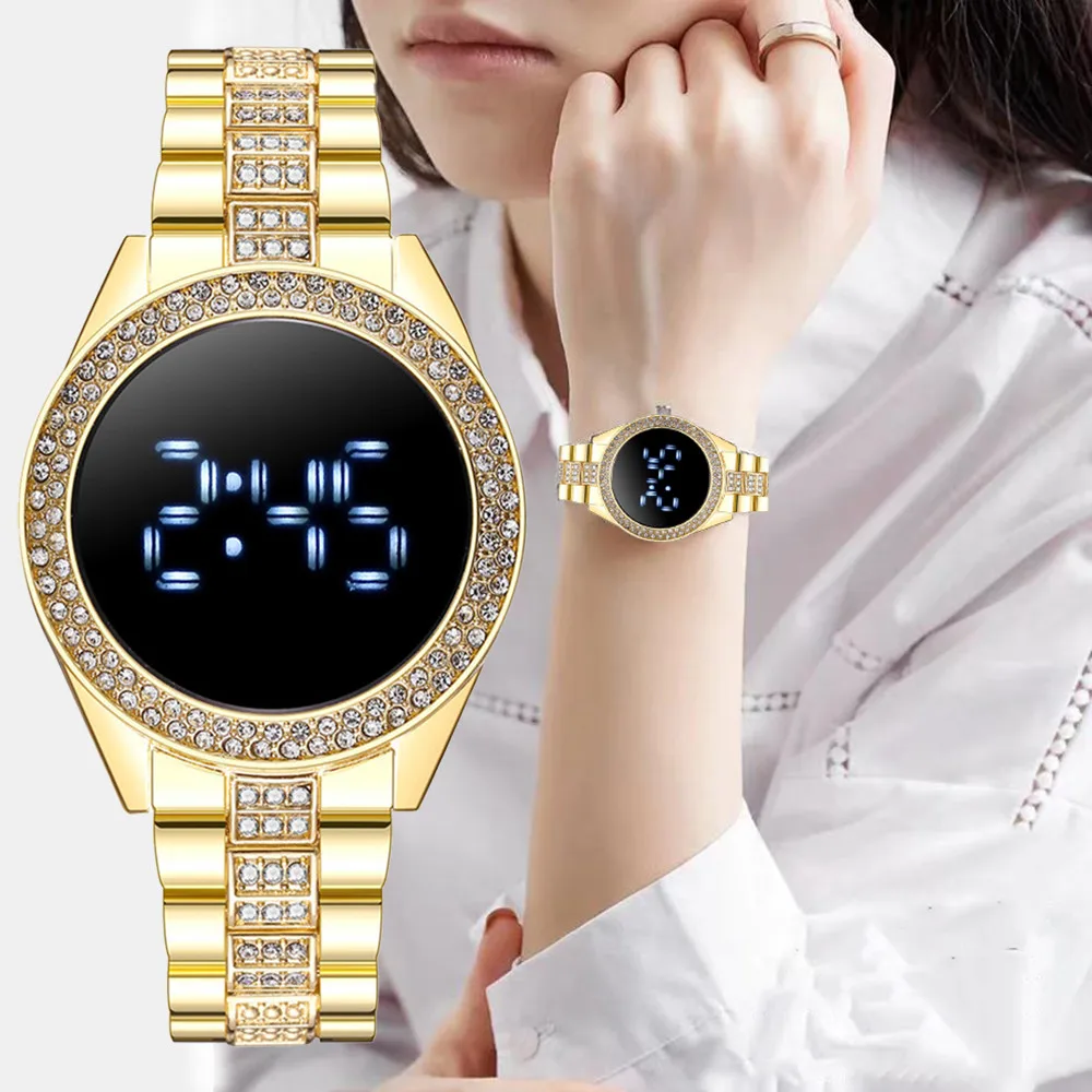 Top Trends: Women's Fashion Rhinestone LED Touch Watches Qualities Ladies Stainless Steel Wristwatches Simple Quartz Watch Montre Femme Shoppable Styles