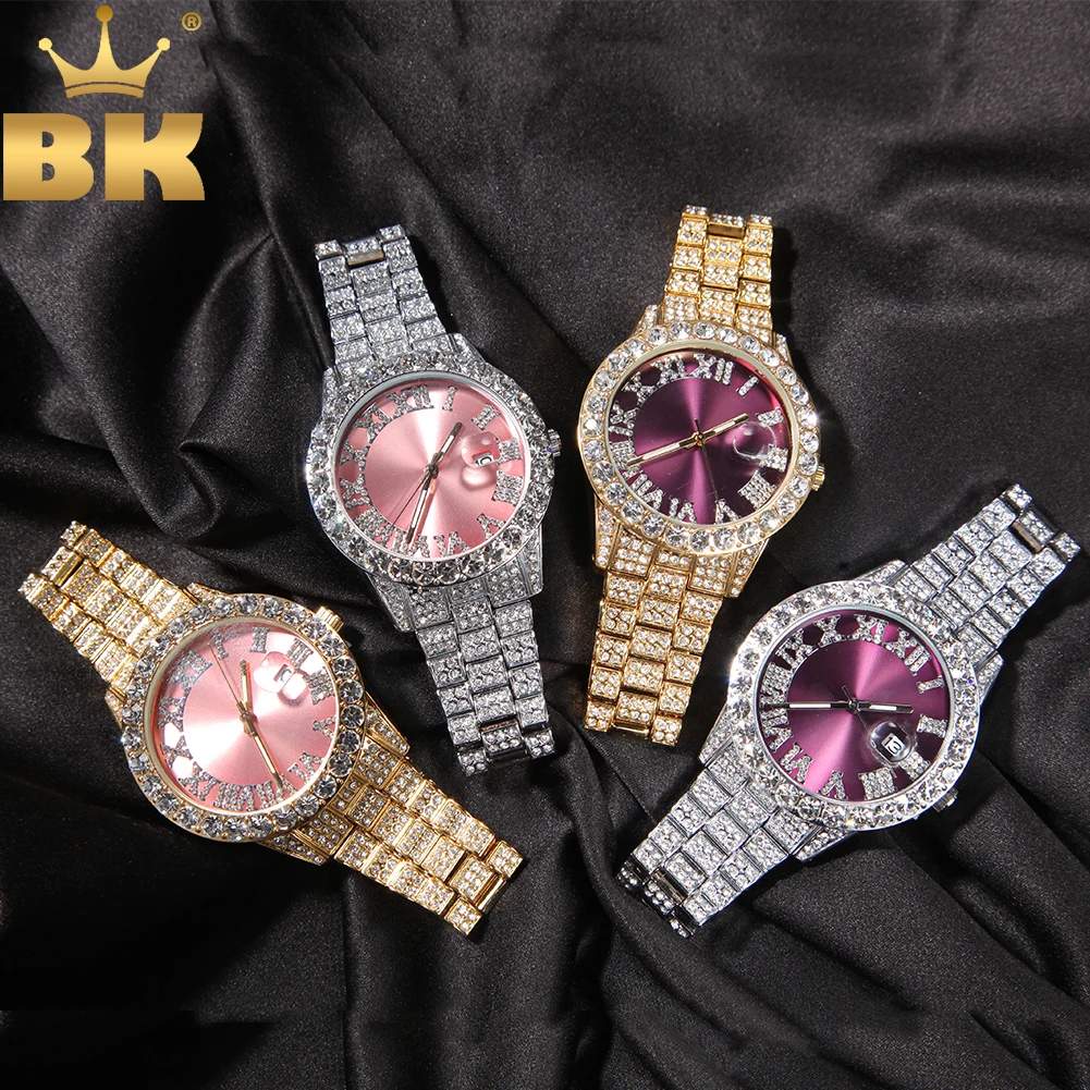 Top Trends: THE BLING KING Men's Watch Big Pink Purple Blue Dial Iced Out Quartz Clock Luxury Rhinestone Business Waterproof Wrist Watches Shoppable Styles