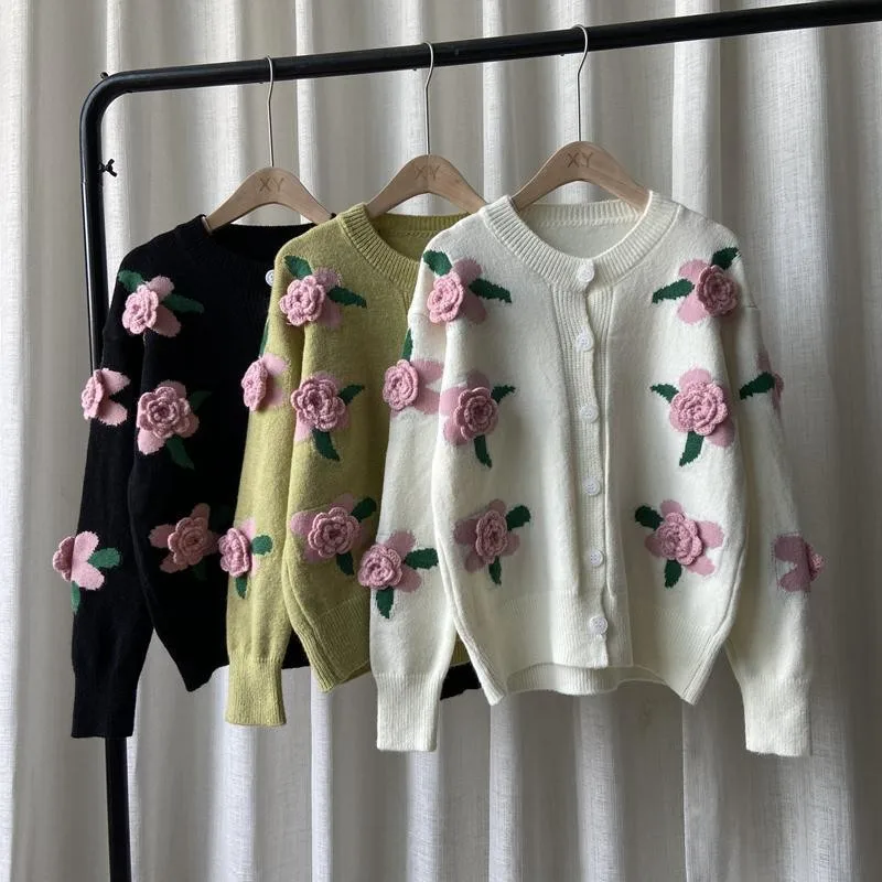 Top Trends: Sweet Harajuku 3d Flowers Cardigans For Women Spring Autumn Long Sleeve O Neck Vintage Sweater Ladies Knitted Outwear Top Shoppable Styles