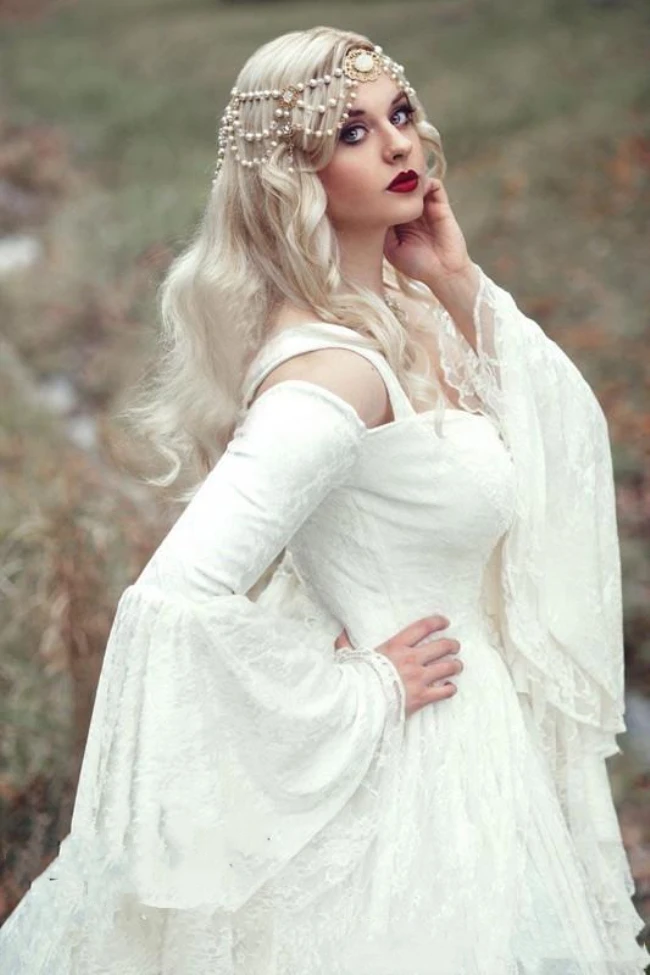 Top Trends: Vintage Gothic White Lace Ball Gown Wedding Dresses With Cloak Plus Size Flare Long Sleeve Celtic Medieval Princess Bridal Dress Shoppable Styles - Image 6