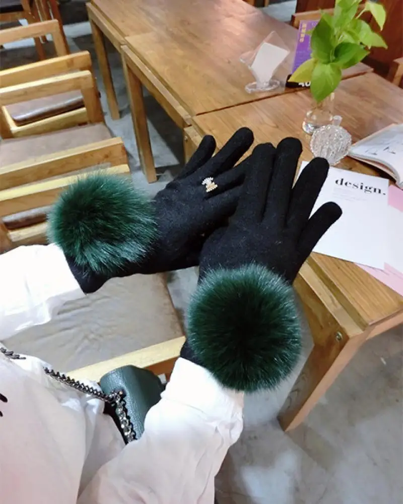 Top Trends: Fox Fur Ball Autumn And Winter Cashmere Gloves Keep Warm Simple Temperament Rhinestone Points Finger Touch Screen Gloves Women Shoppable Styles