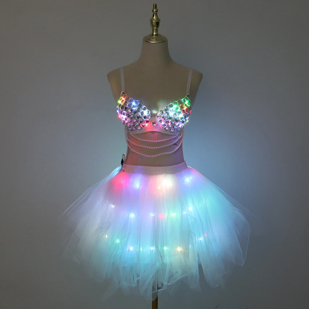 Top Trends: New LED Bra Tutu Skirt Colorful Flash Diamond Bra Belly Dance LED Skirt Christmas Dance Party Sexy Girl Light Up Costume Shoppable Styles